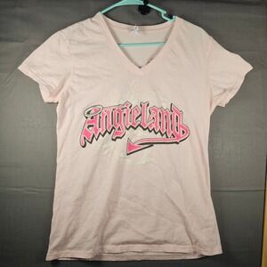 Full Throttle Saloon ANGIELAND Pink Graphic V-Neck Tee Angel Wings XL WOMENS‎